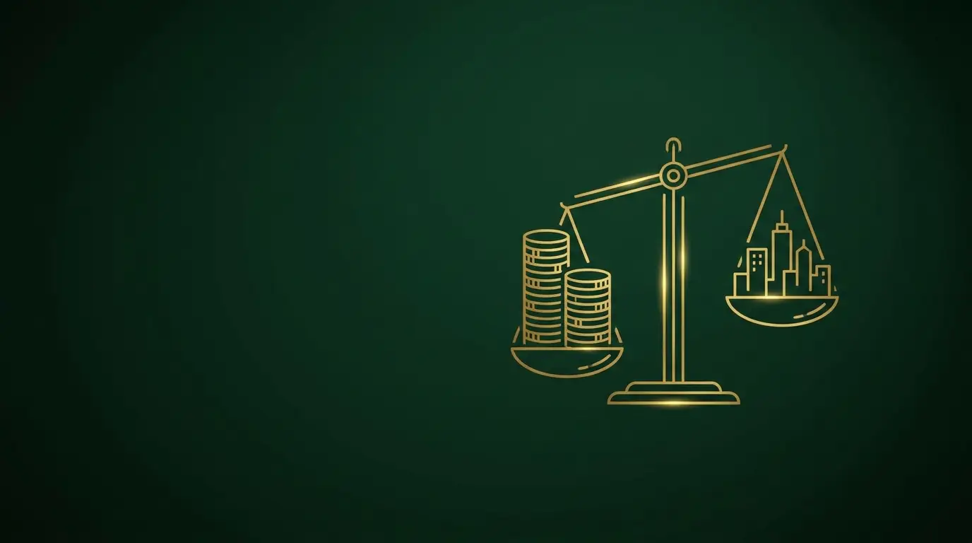 Gold stack of coins beside a small city skyline with a balance scale motif on a forest green background, representing whether 100k is still a good salary