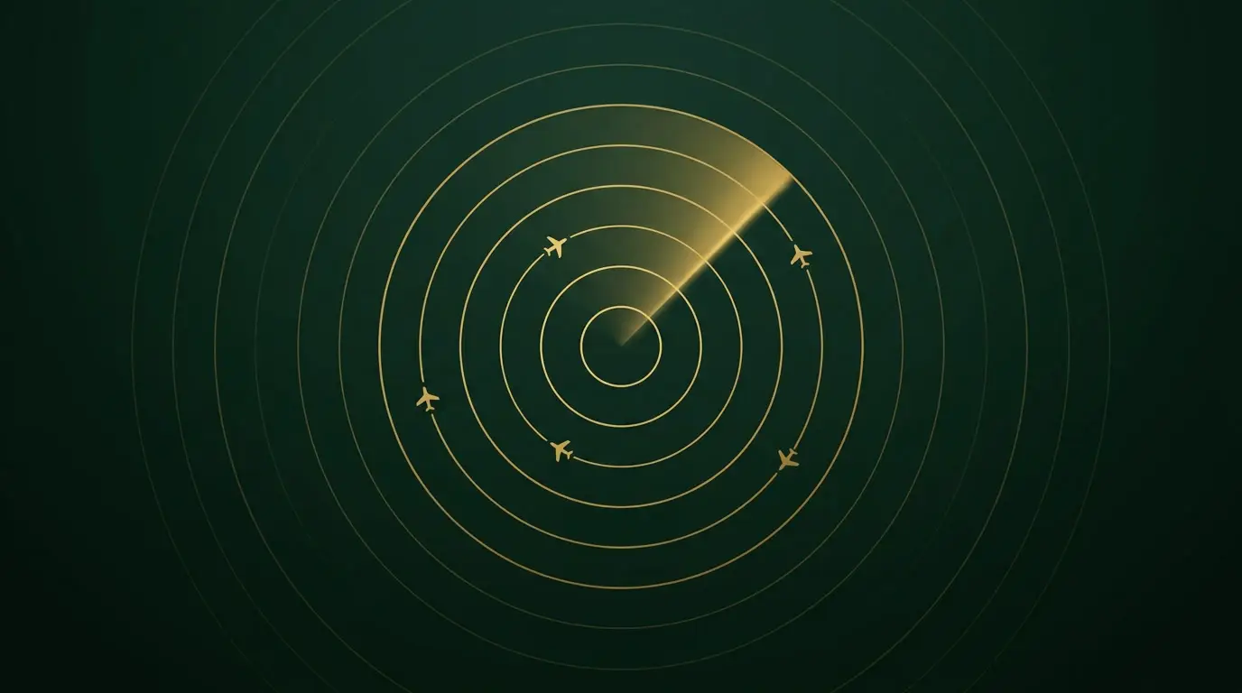 Gold radar scope with a sweeping beam and small aircraft blips on a forest green background, representing why air traffic controllers are paid so much