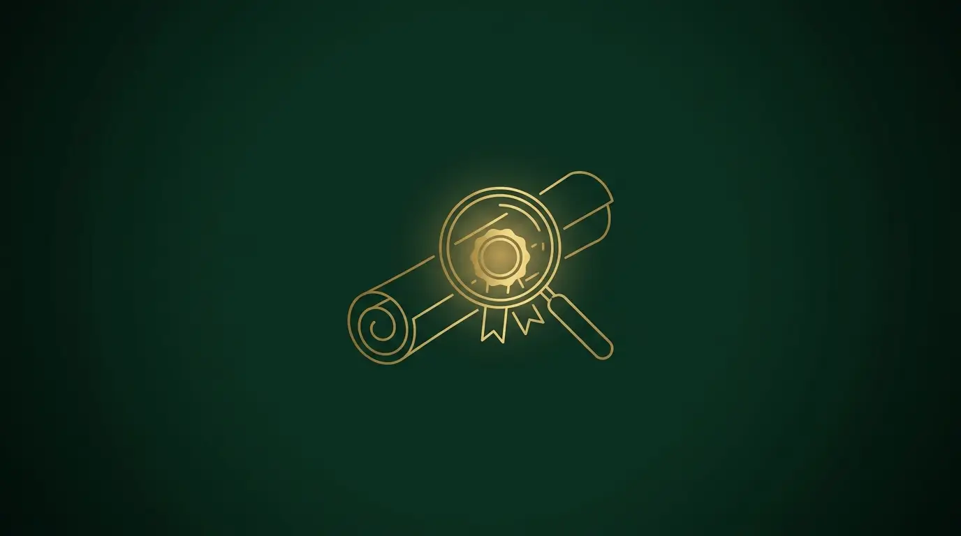 Gold line-art rolled graduation diploma with a magnifying glass over its seal on a forest green background, representing employers verifying a degree