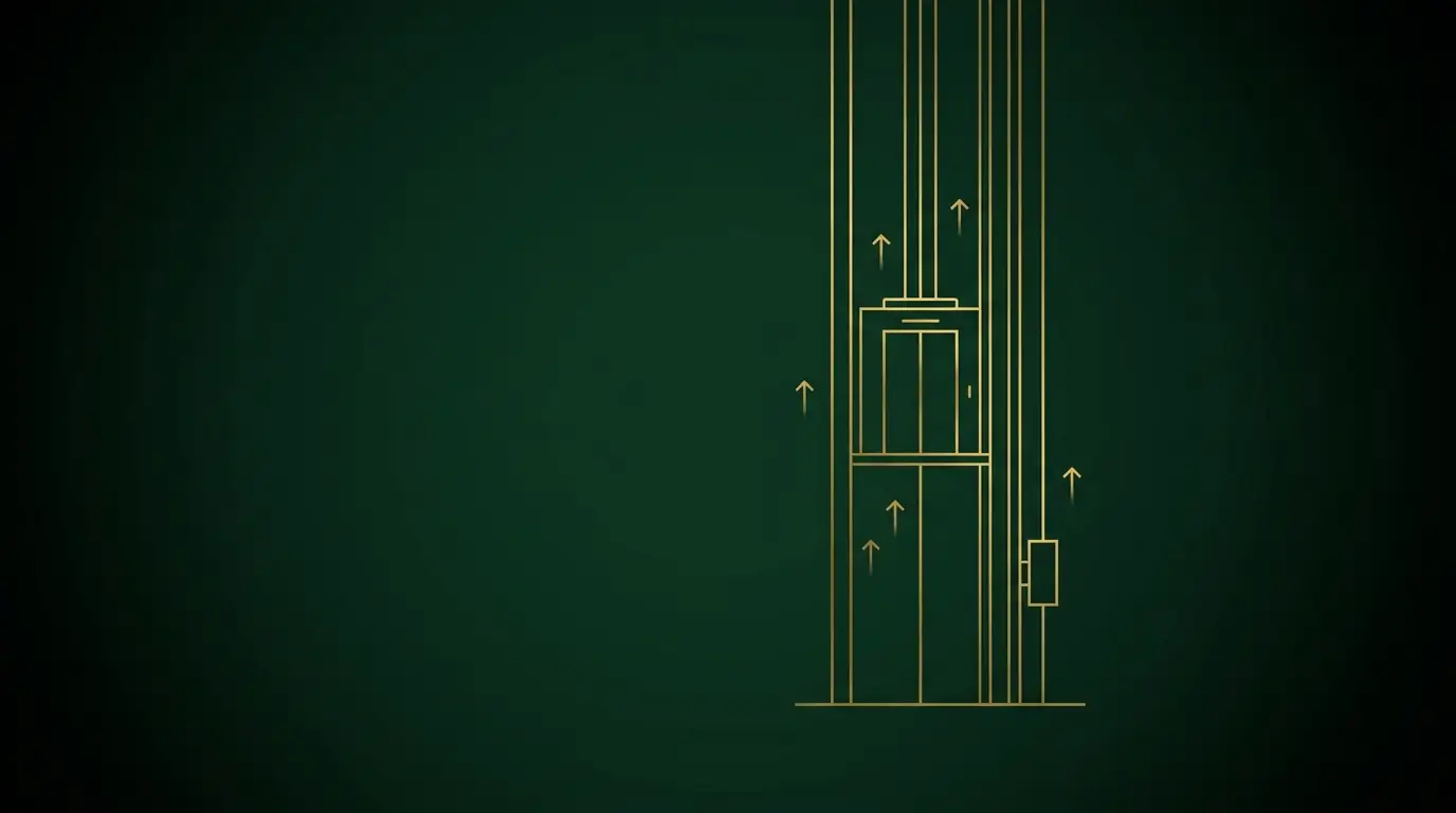 Gold line-art elevator shaft with an ascending cab, cables and upward arrows on a forest green background, representing why elevator technicians are paid so much