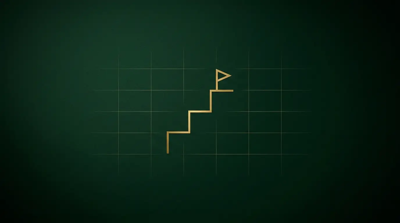 Minimalist gold staircase with a flag on the top step over a faint calendar grid on forest green, representing a 90 day plan to earn a raise in a new job