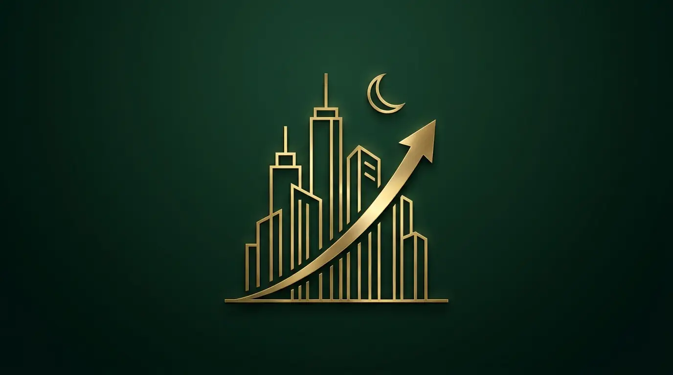 Gold line-art city skyscrapers with an upward-trending arrow rising past them under a crescent moon on a forest green background, representing why investment banking pay is so high for juniors