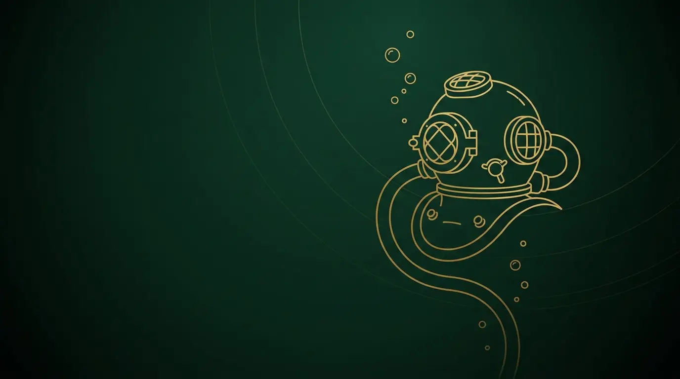 Gold line-art deep sea diving helmet with rising bubbles on a forest green background, representing the highest paying job nobody wants to do