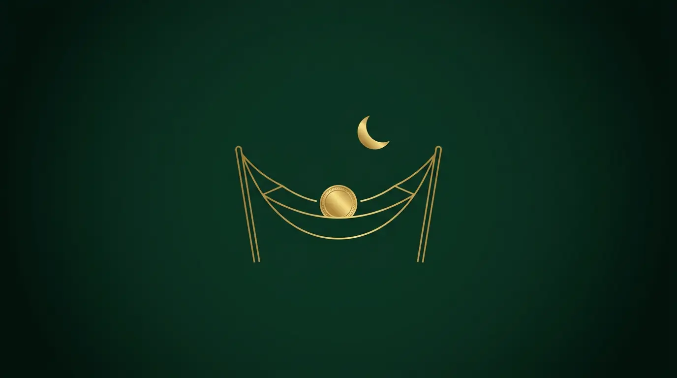 Gold line-art hammock with a single coin resting in it under a crescent moon on a forest green background, representing jobs where you get paid to do nothing