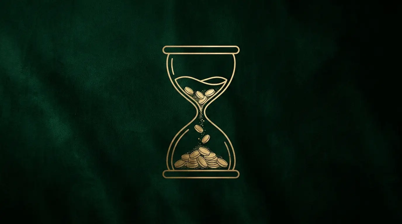 Gold line-art hourglass with gold coins streaming through it as sand on a forest green background, representing the job with the highest salary per hour actually worked