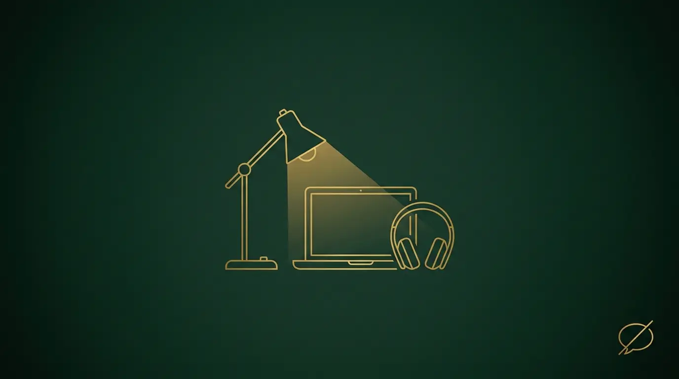 Gold line-art desk lamp lighting a laptop and headphones with a crossed-out speech bubble on a forest green background, representing high paying jobs without talking to people