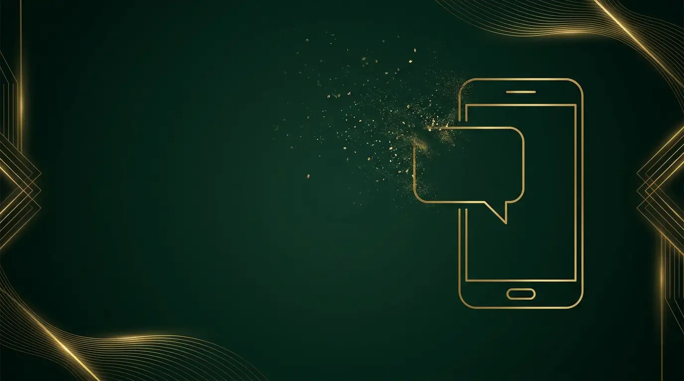 Gold line-art smartphone with an empty speech bubble dissolving into fading particles on a forest green background, symbolising a recruiter ghosting a candidate after a final interview