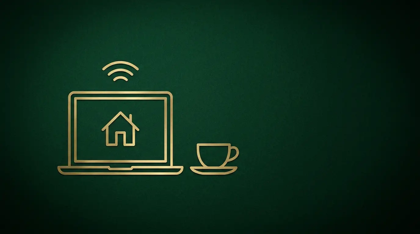Gold line-art laptop showing a house icon with a wifi arc and a coffee cup on a forest green background, representing legit remote jobs with no experience