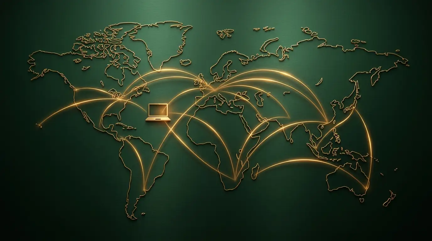 Gold outlined world map on forest green with glowing arcs connecting continents and a golden laptop, symbolising remote work pay arbitrage across countries