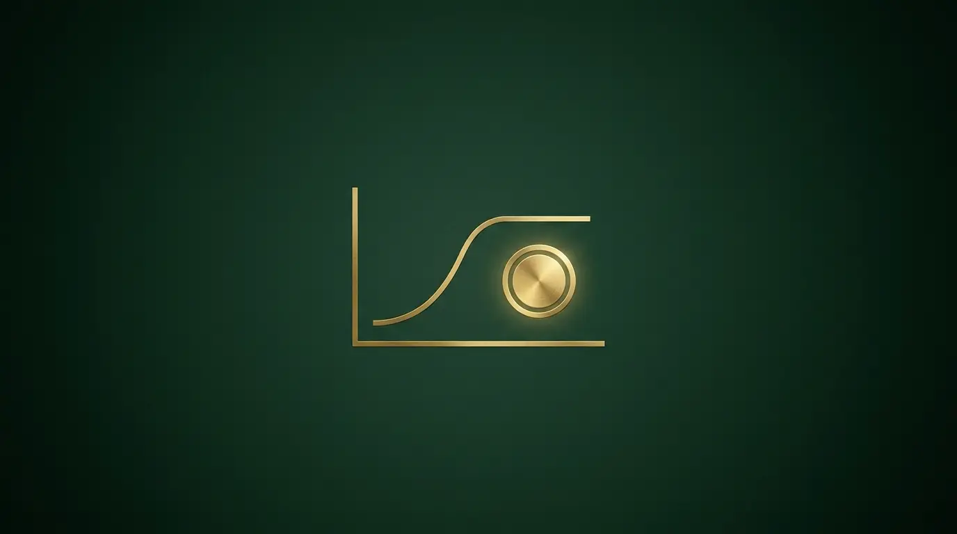 Gold line chart on a forest green background showing a salary curve that rises steeply then flattens into a plateau beside a gold coin