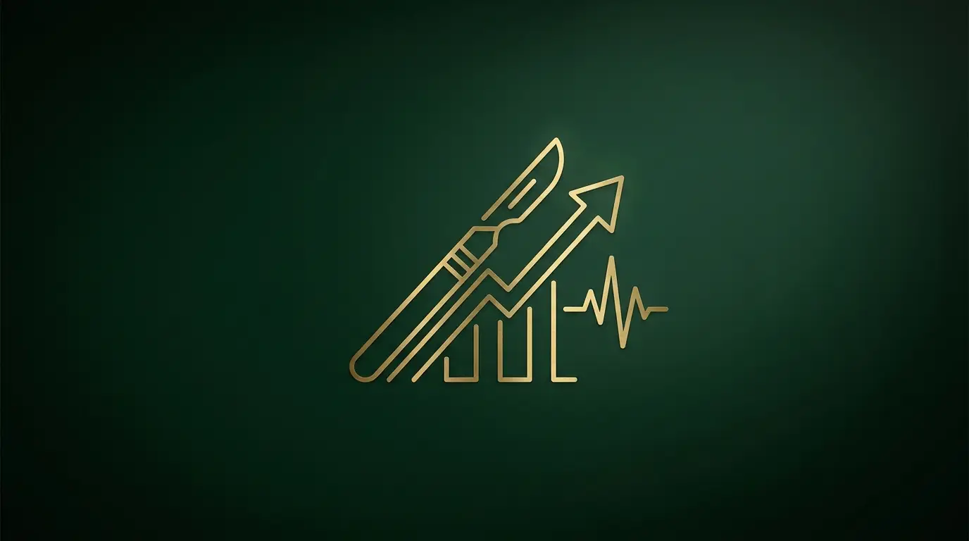 Gold line-art surgical scalpel crossed with a rising heartbeat line on a forest green background, representing why surgeons are paid so much